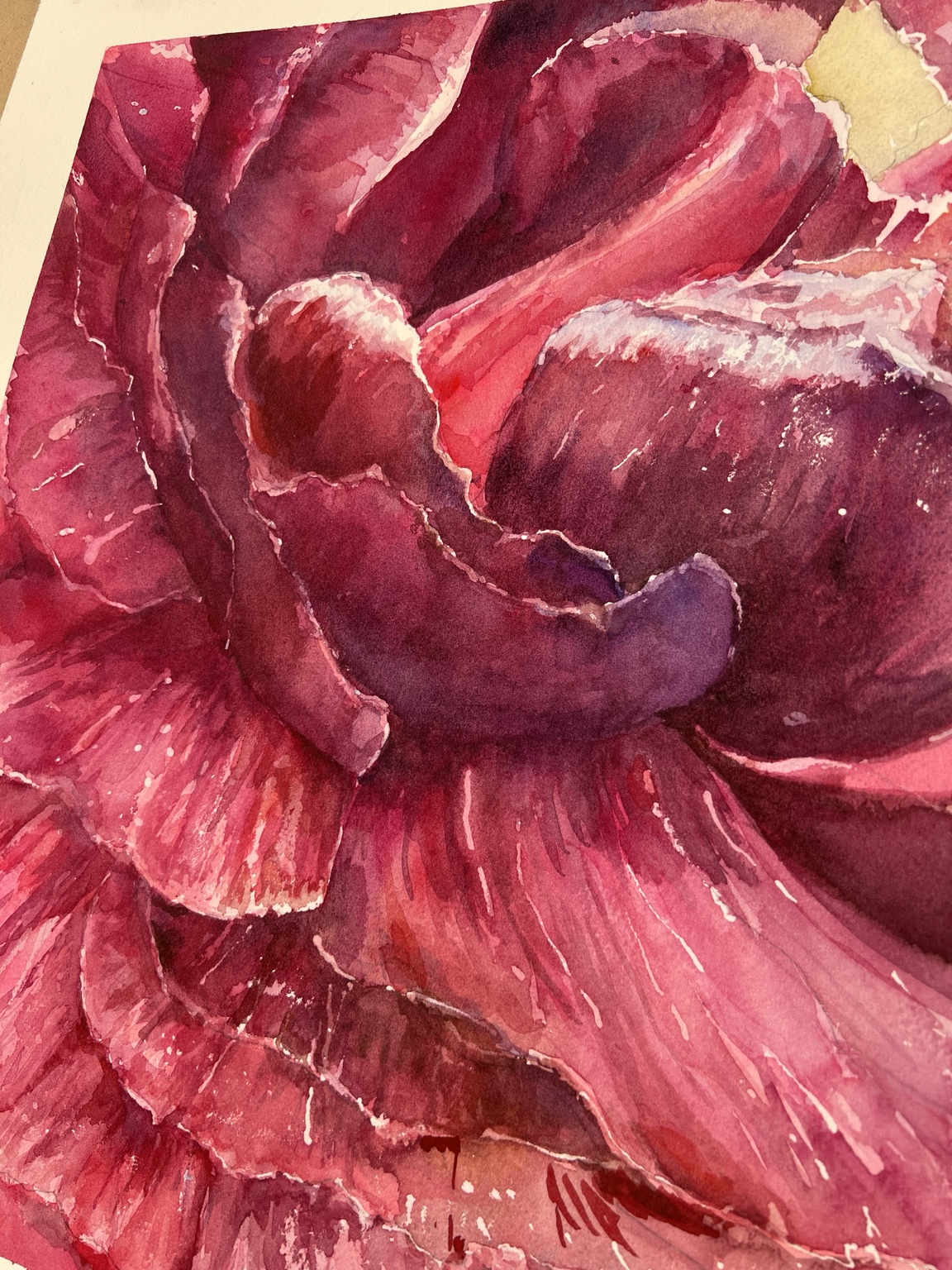 Close-up of Crimson Fold showing pigment layering and paper grain