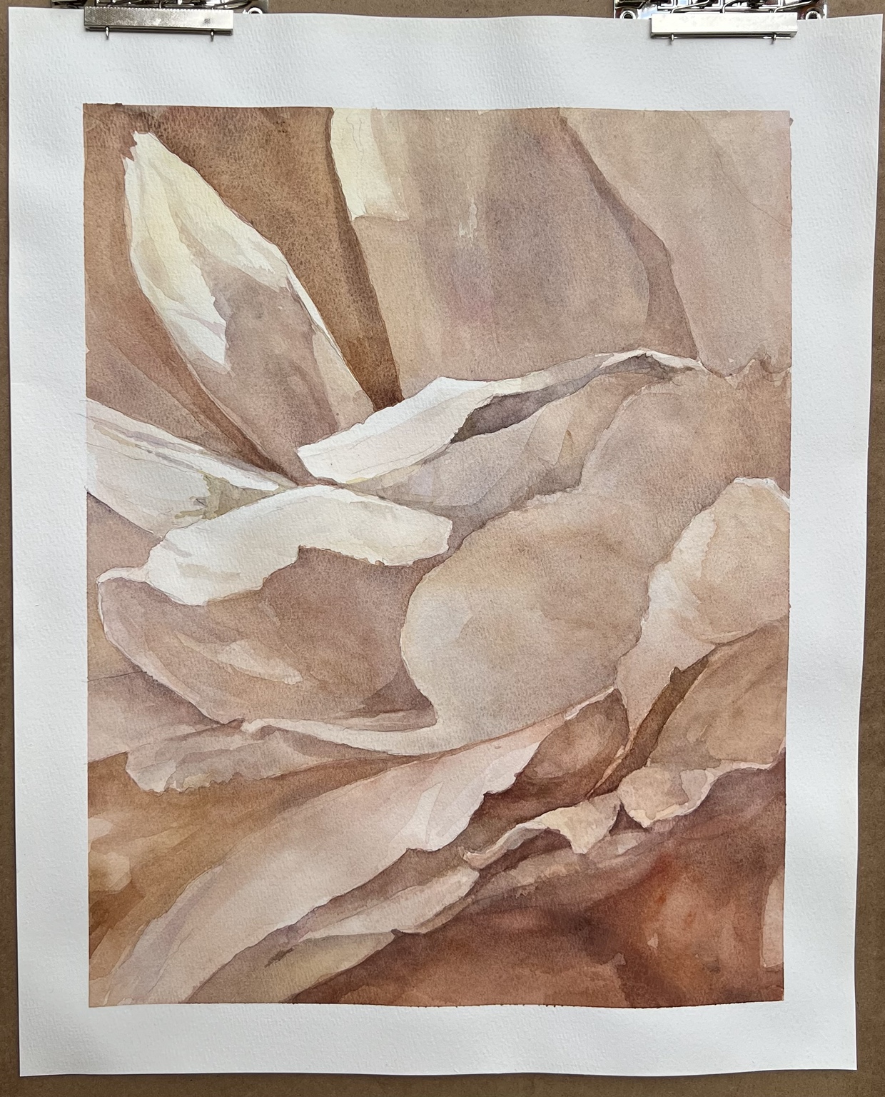 Watercolor of folded petals in warm sepia, ochre and cream tones