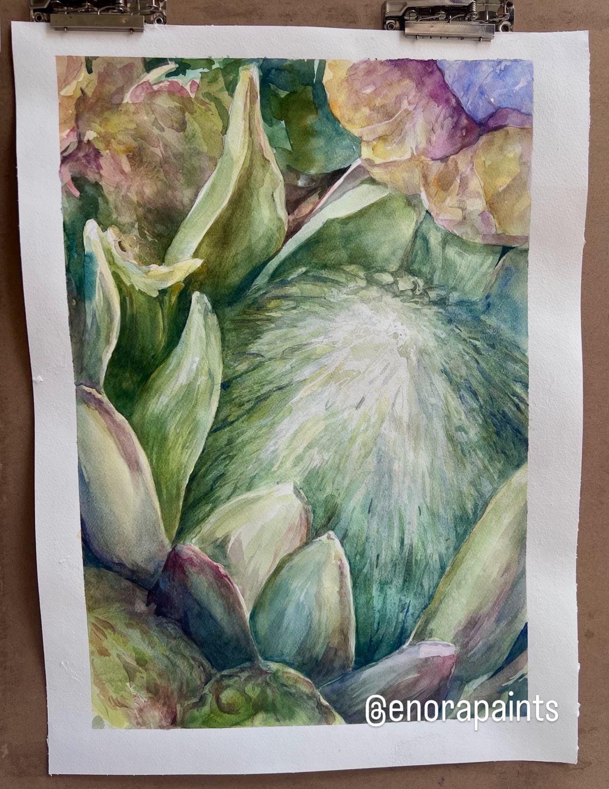 Watercolor of a green artichoke-like bloom opening amid muted violet and ochre
